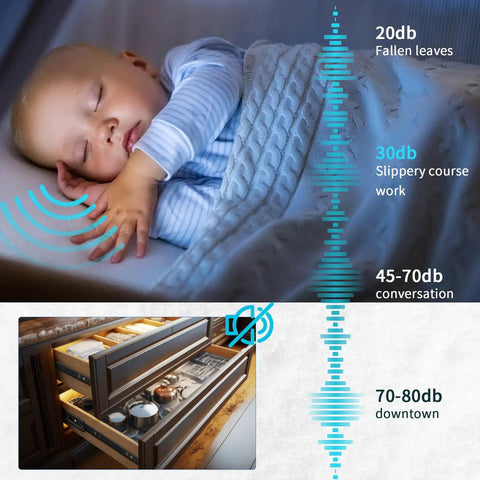Sleeping baby with noise level chart and open drawer showing Soft Close Drawer Slides Full Extension Side Mount 24 Inch Ball Bearing Rails Heavy Duty 100 Pound, Quiet Glide Runners For Deep Drawers.
