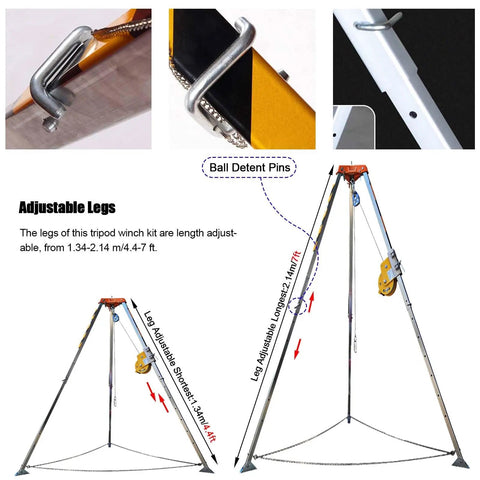 Darn Sturdy Portable Emergency Rescue Tripod With 30 Meter Winch And Legit Aluminum Frame For Deep Well Sewer And Tight Job Sites 440 Lbs Heavy Duty Adjustable Rope System showing adjustable legs and ball detent pins.