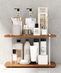 Two Tier Adjustable Bathroom Counter Organizer For Vanity, Sink And Kitchen Corners holding skincare and cosmetics