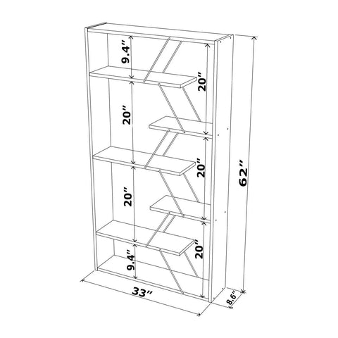 Diagram of Six Tier Wall Corner Storage Shelf For Bedroom - Industrial Bookcase Style Bookshelf With Open Wood Frame dimensions