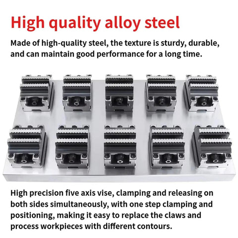 Built Tough Heavy Duty CNC Vise With Four Five Axis Turntable Fixture showing high quality alloy steel jaws for precision workholding.