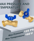 50 Pack Brass Hose Bibb Valves One Half Inch FIP Inlet And Three Quarter Inch Male GHT Outlet For Outdoor Spigots With Leak Proof Design, Corrosion Resistant Brass, Durable Garden Faucet Upgrade, Works Up To One Hundred Sixty Degrees Fahrenheit. Brass hose bibb valves shown with 125 PSI and 160°F rating
