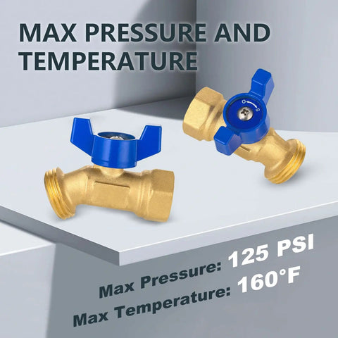 50 Pack Brass Hose Bibb Valves One Half Inch FIP Inlet And Three Quarter Inch Male GHT Outlet For Outdoor Spigots With Leak Proof Design, Corrosion Resistant Brass, Durable Garden Faucet Upgrade, Works Up To One Hundred Sixty Degrees Fahrenheit. Brass hose bibb valves shown with 125 PSI and 160°F rating
