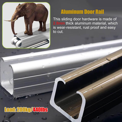 Aluminum door rail showing elephant on rail to demonstrate strength, features of the sliding door hardware highlighted.