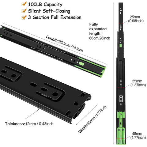 14 Inch Soft Close Drawer Slides Set 6 Pairs Ball Bearing Full Extension Side Mount Heavy Duty 100 LB Capacity Black Cabinet Drawer Slides With Quiet Close Action, 350mm black steel slide