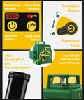 Dual 360 Degree Green Laser Level with USB-C port and pulse mode indicators, includes pendulum lock and removable battery.