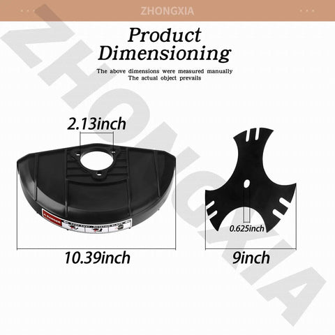 Edger Blade Guard With Label Plus 2 Replacement Edger Blades 9 Inch Center Hole Five Eighth Inch For MTD Troy-Bilt Yard Machines Trimmer Hop Curb 550 520 521 TBE550 731P05064 781-0748-0637 showing dimensions