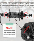 Diagram showing 2 Pack Mountain Bike Hub Adapter Quick Release Converter 15mm To 9mm Thru Axle with text and diagrams.