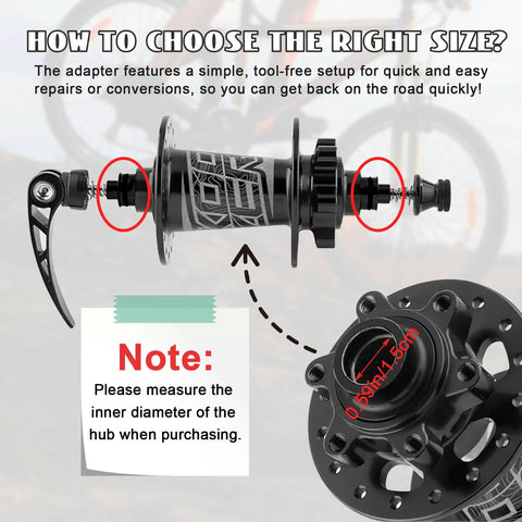 Diagram showing 2 Pack Mountain Bike Hub Adapter Quick Release Converter 15mm To 9mm Thru Axle with text and diagrams.