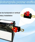 Heavy Duty Pure Copper Motorcycle Battery Cut Off Switch With 100A Breaker shown on a battery, highlighting rotary installation features.