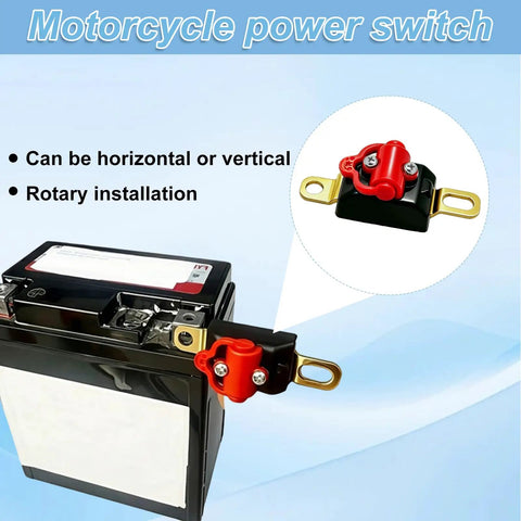 Heavy Duty Pure Copper Motorcycle Battery Cut Off Switch With 100A Breaker shown on a battery, highlighting rotary installation features.