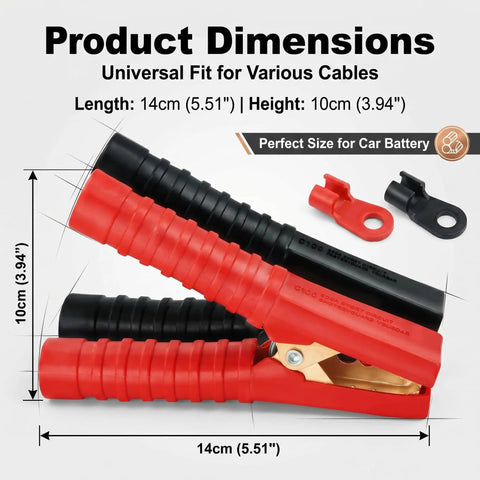Heavy Duty 300A Alligator Clips For Car Battery Chargers And Jumper Cables detailed dimensions showing 14cm length and 10cm height with clamp design.