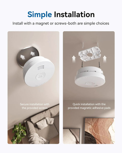 10 Year Battery Smoke Alarm With Photoelectric Sensor, UL217 10th Listed, Low Battery Alert, GS525A, Easy Install Fire Detector For Home Safety, 1 Pack installed on wall with screws and magnetic pad