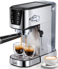 Top Shelf Automatic Espresso Coffee Maker With 20 Bar Pressure And Glowing Touchscreen Panel Offering Zero Fuss One Button Operation For Crisp Americanos Silky Milk Froth And Quick Steam Power For Your Daily Grind Now pouring two shots of espresso into clear glasses.