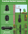 All In One Drip Irrigation Kit For Garden And Lawn With 240 Feet Main Tubing showing various barbed connectors and adapters.