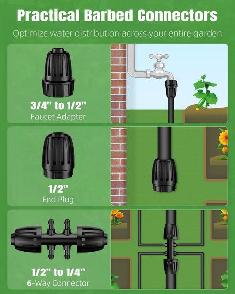 All In One Drip Irrigation Kit For Garden And Lawn With 240 Feet Main Tubing showing various barbed connectors and adapters.
