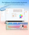 Pink Creamy Ultimate Mechanical Keyboard With Integrated Display Screen Tri Mode Hot Swappable Switches Wireless 98 Layout Gaming Board For True Dope Rigs shown with customizable software on laptop.