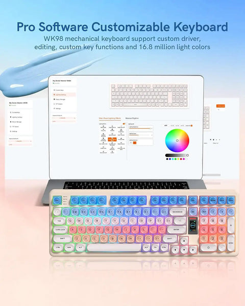 Pink Creamy Ultimate Mechanical Keyboard With Integrated Display Screen Tri Mode Hot Swappable Switches Wireless 98 Layout Gaming Board For True Dope Rigs shown with customizable software on laptop.