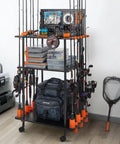 Indoor Fishing Rod Holder Trolley With 3 Tier Shelves And Peg Wall, Built In Line Spooler, Locking Wheels, Mobile Tackle Storage Cart with rod holders and storage boxes