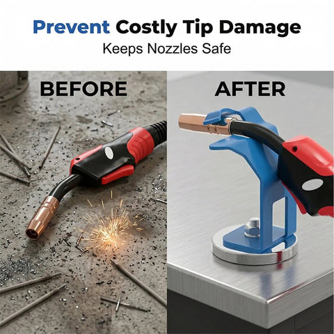 Heavy Duty Welding Magnetic Torch Holder With Strong Base For Secure Anti Slip MIG Torch Stand Precision Rack For Professional Workshop Use Keeps Your Gear Stable And Ready To Go Every Time, before and after comparison showing torch before and holder after.
