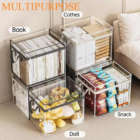 Multipurpose clear storage containers stacked with books, clothes, snacks, and dolls, showcasing organizational capability.