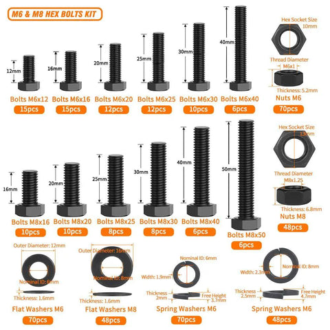 Pro Grade 12.9 Bolts and Nuts Set, M6 M8 sizes with hex bolts, nuts, flat and spring washers, black, 472-piece hardware kit