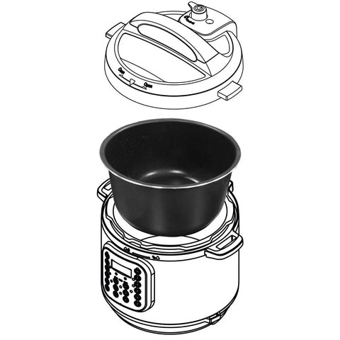 Illustration of Ceramic Inner Pot For 6 Quart Multicookers, Nonstick Coated Interior showing lid and cooker base detail