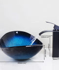USZWBY Bathroom Sink Tempered Glass Bathroom Vessel Sink Bathroom Sink Washbasin Cabinet Lavatory Vanity Taps Set Blue Vessel Sink with flowing water.