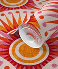Bold Pink Geometric Sun Wallpaper With Matte Linen Texture Paste To Paper Accent Wall Roll, 2ft by 27ft, vibrant sun design.