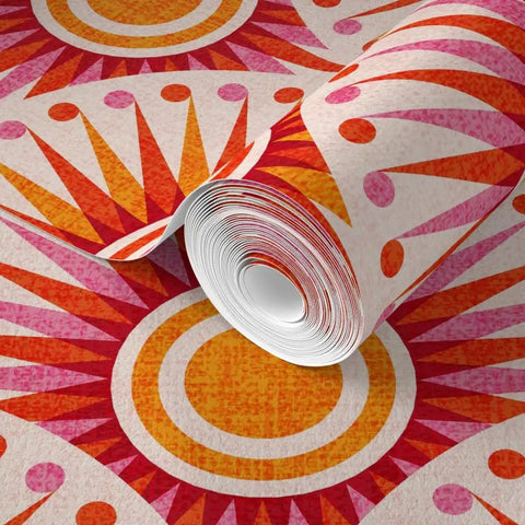Bold Pink Geometric Sun Wallpaper With Matte Linen Texture Paste To Paper Accent Wall Roll, 2ft by 27ft, vibrant sun design.