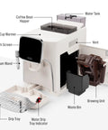 Automatic Espresso Machine With Built In Grinder And Touch Panel For Barista Quality Coffee At Home Milk Frothing Steam Wand Adjustable Strength Self Cleaning Cream And Silver Finish with labeled components like steam wand, touch screen, water tank, and drip tray displayed.