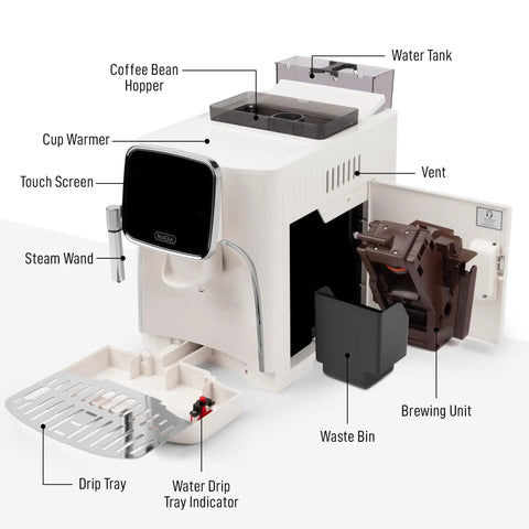 Automatic Espresso Machine With Built In Grinder And Touch Panel For Barista Quality Coffee At Home Milk Frothing Steam Wand Adjustable Strength Self Cleaning Cream And Silver Finish with labeled components like steam wand, touch screen, water tank, and drip tray displayed.