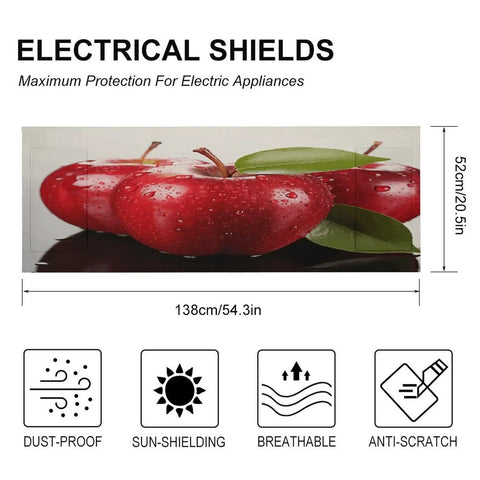Premium Linen Appliance Dust Covers For Washer Dryer Refrigerator And More displayed with apple print, size specifics shown
