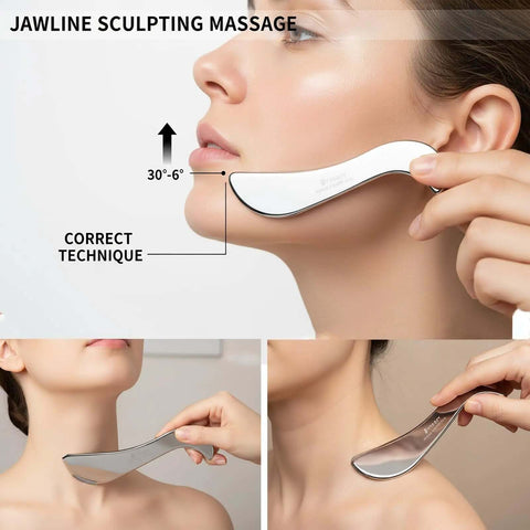 Stainless Steel Gua Sha Muscle Scraper Tool for deep tissue release used for jawline massage demonstration.