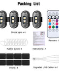Packing list for Wireless LED Strobe Lights With Remote Control 8 Color Rechargeable Anti Collision Emergency Warning Kit.