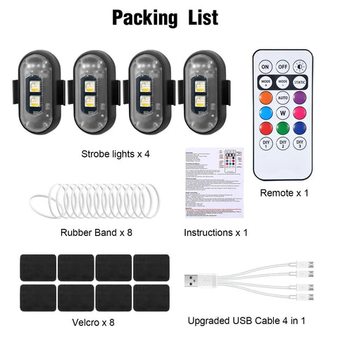 Packing list for Wireless LED Strobe Lights With Remote Control 8 Color Rechargeable Anti Collision Emergency Warning Kit.