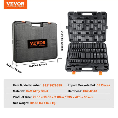 Half Inch Drive Impact Socket Set, 65-Piece SAE And Metric, durable case open showing organized sockets and storage slots.
