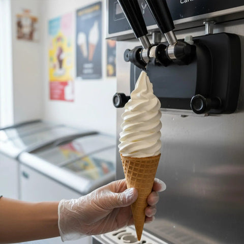 Gloved hand holding vanilla soft serve cone from ice cream machine; Pro Grade Food Grade Silicone Seal Kit For Soft Serve Ice Cream Makers 15 Piece O Rings And Gasket Set Compatible With YIKAFU YKF COOCO Machines Replacement Spare Parts not visible.