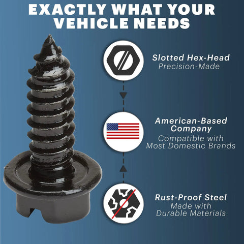 Rustproof License Plate Screws Set For US Domestic Vehicles with stainless steel black slotted bolt and features description