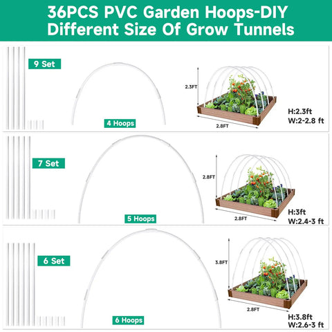 PVC Garden Hoops For Raised Beds Kit With 36 Adjustable Greenhouse Frames And 20 Clips Rust Free Grow Tunnel Plant Support DIY Frame For Shade Cloth Netting And Frost Protection