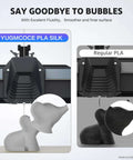 Comparison of 3D prints using YUGMCOCE PLA Silk and Regular PLA, showing smoother finish with Silk PLA Filament 1.75mm Black Metallic Gloss.