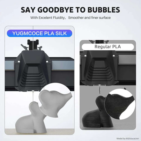 Comparison of 3D prints using YUGMCOCE PLA Silk and Regular PLA, showing smoother finish with Silk PLA Filament 1.75mm Black Metallic Gloss.