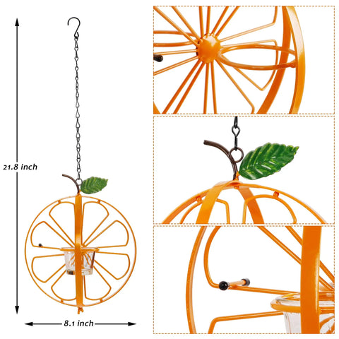 Oriole Bird Feeder For Outdoors Jelly And Oranges Glass And Powder Coated Metal Hanging Feeder With Clear Jelly Cup shown in orange.
