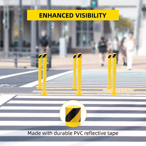 Heavy Duty 4 Pack Safety Bollards 36 Inch Height 4.5 Inch Steel Pipe Posts With Anchor Bolts Rock Solid Yellow Parking Poles positioned on a crosswalk.