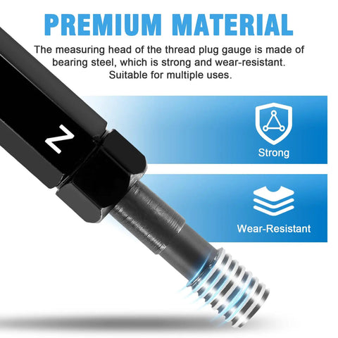 Close-up of Five Piece Metric Thread Plug Gauge Set 6H Go No Go with strong, wear-resistant bearing steel head.