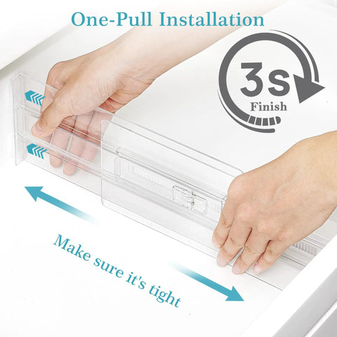 12 Pack Clear Drawer Dividers For Clothes 4 Inch Tall shown being installed in a drawer for organizing clothing.