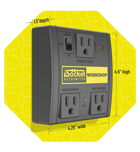 Automatic Vacuum Switch For Two Tool Setup With Seven-Second Delay Shutoff Auto On Off Mode shown with dimensions 4.5 x 4.25 x 1.5 inches.