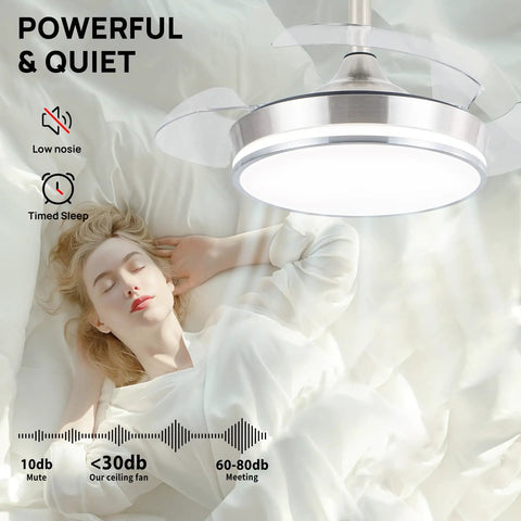 Sleek Retractable Ceiling Fan With Dimmable LED Lights And Remote, Space Savvy Acrylic Blades above a sleeping person.