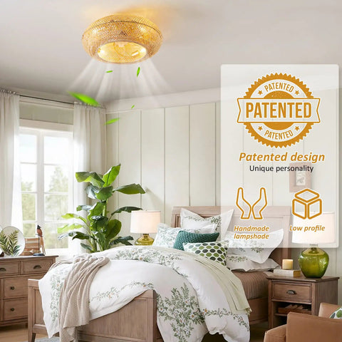 Coastal Boho 20 Inch Ceiling Fan With Light Rattan Caged Flush Mount in modern bedroom setting with reversible motor remote.