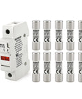 RT18-32 Fuse Holder Base With 10x16A Ceramic Fuses (10x38mm), 1 Pole DIN Rail Mount, LED Indicator, CE Certified, front view.